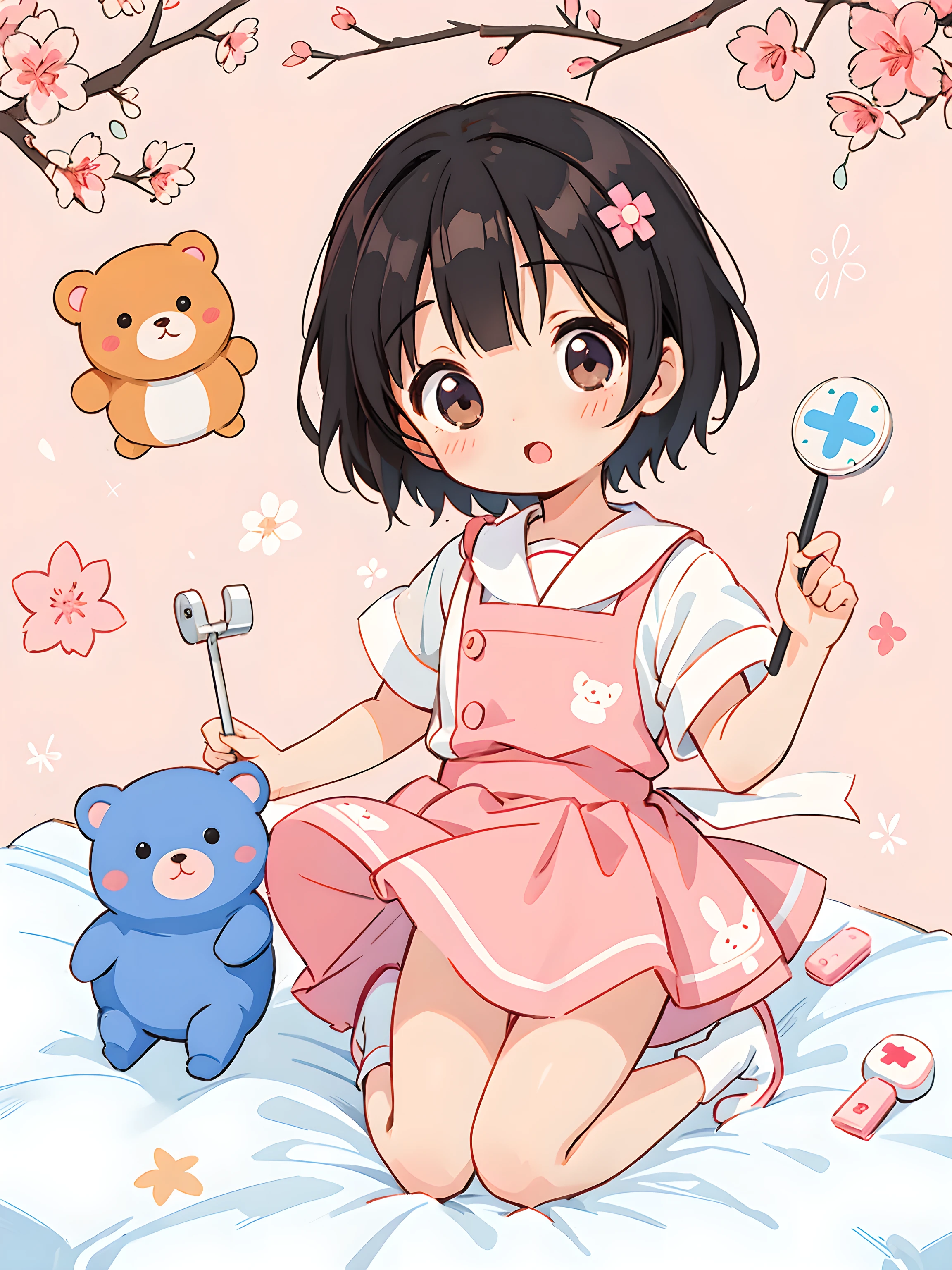 Momoko Sakura Style, Kawaii Design, Chibi Maruko-chan、Chibi, cute bears、playing, hospital bed, upskirt, innie pussy