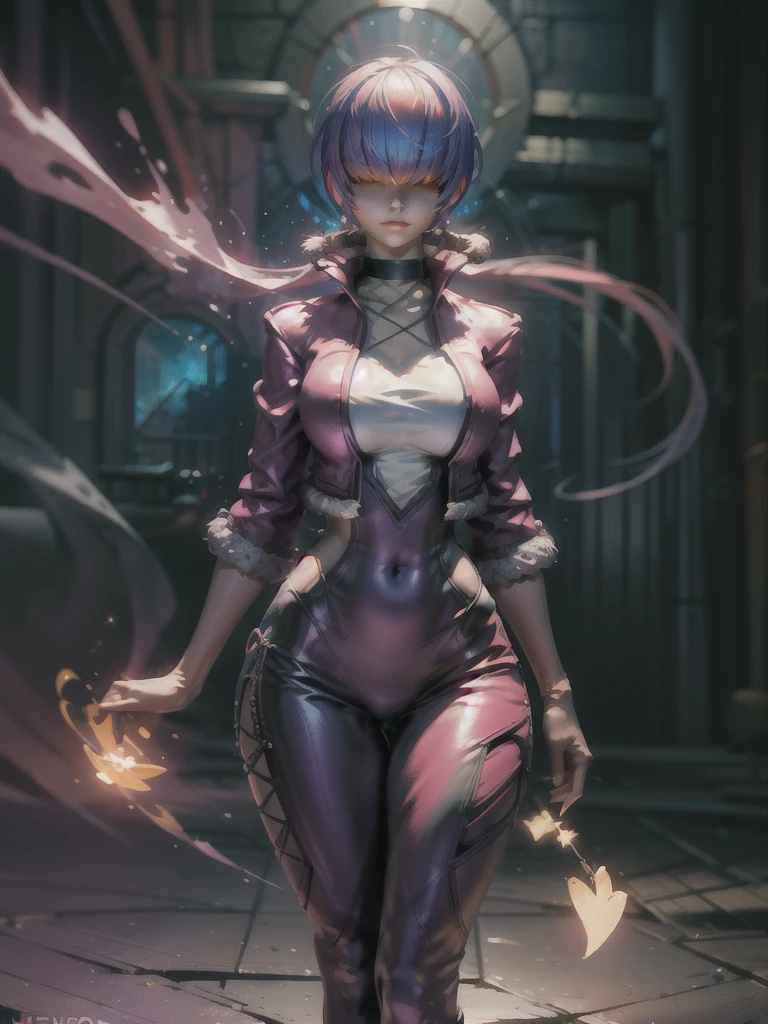 (night), in a video game scene with a neon background and a neon light,
Standing at attention,
pink suit, pink jacket, choker, neckline, clothing cut, 
earrings,
 purple hair, eyes completely covered by hair bangs ((hair over eyes)),
1 girl, 20 years old, Young woman, Beautiful finger, Beautiful long legs, Beautiful body, Beautiful nose, Beautiful character design, perfect face,
looking at viewer (focusing on his face), mouth closed, Light_Smile,
official art, extremely detailed CG unity 8k wallpaper, perfect lighting, colorful, bright front lighting, shiny skin,
(masterpiece: 1.0), (best_quality: 1.0), ultra-high resolution, 4K, ultra-detailed,
photography, 8K, HDR, high resolution, absurdities:1.2, Kodak portra 400, film grain, blurred background, bokeh:1.2, lens flare, (vibrant_color:1.2), professional photography,
(Beautiful, breasts: 1.4), (beautiful_face: 1.5), (narrow_waist),