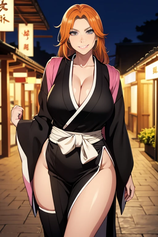 (masterpiece:1.2, best quality), realistic, (real picture, intricate details, depth of field), (1girl, solo), matsumoto rangiku,milf, (mature female), 40 year old woman, make up, smiling , parted lips, highly-detailed, gorgeous perfect face, (huge breasts), sagging breasts, (skindentation), ((huge thighs)), wide hips, average waist, tall, Luscious red lips, thick lips, (Voluminous orange hair) , big hair, beautiful blue eyes, black open kimono, topless, nipples, panties, necklace, sash, big hoop earrings, (sweating:1.1), ((wet)), sexy, blushing, (Adult Temptress) Voluptuous, Curvy, (sexy dynamic pose), posing , ((Deep Cleavage)), head tilt, head turn, indoors, japanese architecture, hand on own chest