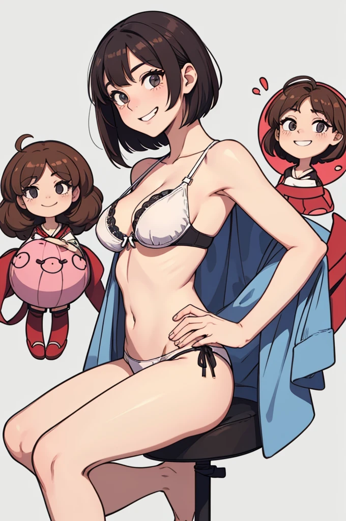 (((masterpiece, best quality, ultra highres, 1 girl, solo, no background))), super detailed skin and face and eyes and finger, beautiful japanese woman, small breasts:1.5, skinny, light brown hair, white background, very short pixie hair, Knee shot, Generate with illustrations, Various expressions, Various poses, Please draw the entire character within the frame, ensuring that the head, arms, and legs are not cut off. The background should be simple, with the character positioned centrally, outline, anime, 2d, boyish, smile showing teeth, spread legs, micro bikini, micro bra, micro panties,