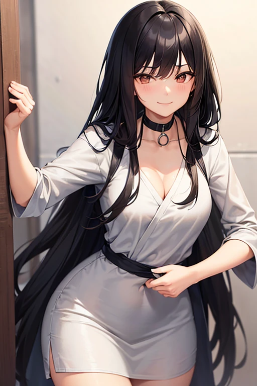 Long, straight black hair, deep brown eyes, 5’6”, slim and athletic. Wears simple, Gray clothing including a large robe with a scrunched collar around the neck area. Tired eyes, heavy eyebags looks like a Adult woman Asian m Medium size smiling look confident With a smug smile