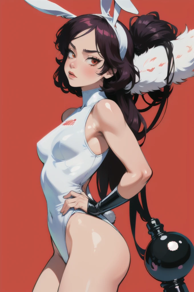 best quality, masterpiece, high definition, high resolution, 1girl, one-piece swimsuit, (wide ????:1.2), (????? ears:1.2), simple red background, detailed face, (muscular female:0.8), cross, goth, emo, death_note, 