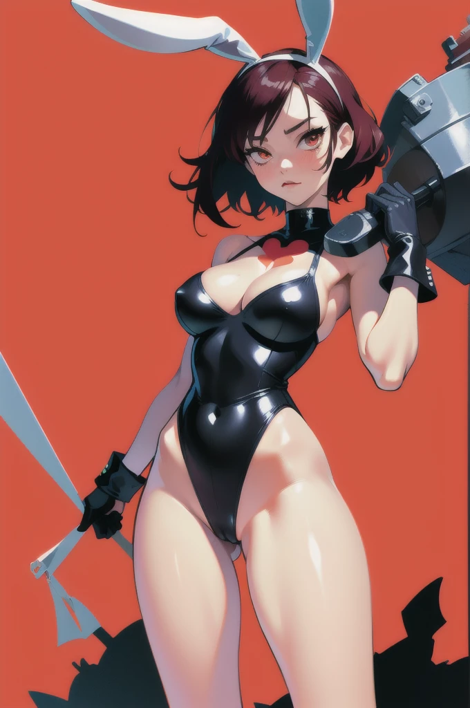 best quality, masterpiece, high definition, high resolution, 1girl, one-piece swimsuit, (wide hips:1.2), (bunny ears:1.2), simple red background, detailed face, (muscular female:0.8), cross, goth, emo, death_note, 