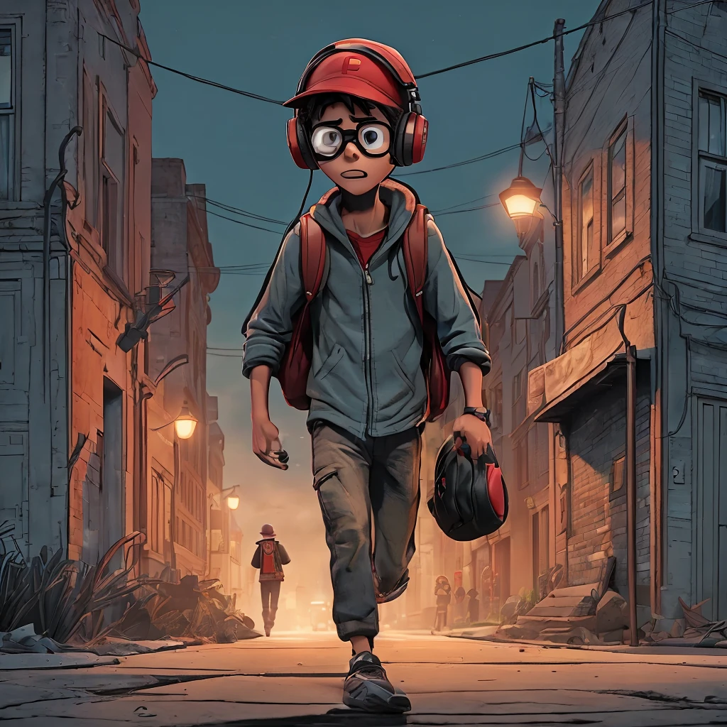 a scene where a mysterious figure chases another character (young guy, WITH BLACK LENSES, Red Hat, large headphones, carrying a backpack, with a scared face) on the empty street at night.