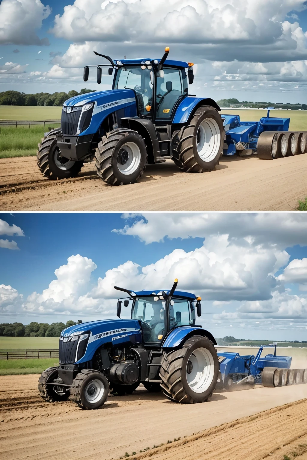 Generate an image that shows a New Holland tractor on the left and a very large surveillance camera on the right. Images should be smoothed with a blurred transition