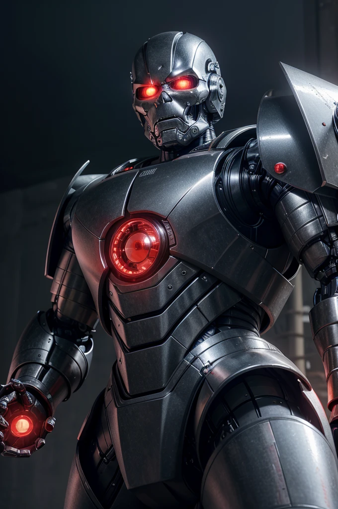 Create a hyper-realistic digital image of a Terminator robot. It has a metallic and mechanical structure, with worn red eyes and a menacing expression. His armor and metallic armor cover his body, and it has weapons and cannons integrated into its arms and shoulders. The background should be dark and gloomy, with a post-apocalyptic aspect. Only the upward part of the robot&#39;s neck can be seen, it is being viewed from a front camera
