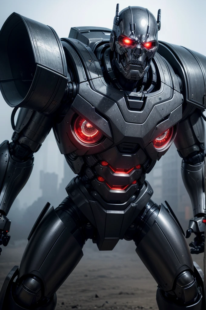 Create a hyper-realistic digital image of a Terminator robot. It has a metallic and mechanical structure, with worn red eyes and a menacing expression. His armor and metallic armor cover his body, and it has weapons and cannons integrated into its arms and shoulders. The background should be dark and gloomy, with a post-apocalyptic aspect. Only the upward part of the robot&#39;s neck can be seen, it is being viewed from a front camera