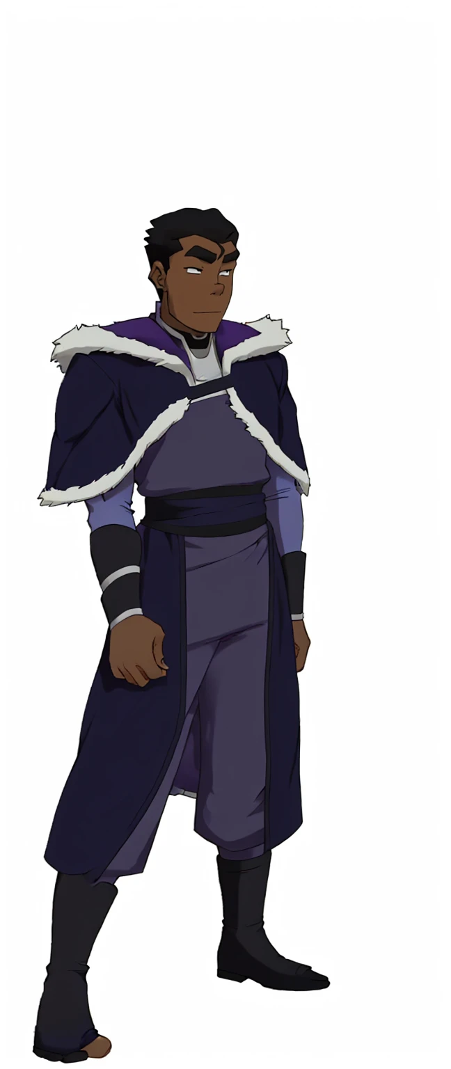 African-American, Bolin, water tribe traditional clothing mixed of blue and purple, with fur in shoulders and neck. Long sleeve, skinny, water tribe outfit. A dark blue or black high-collared sleeveless robe or tunic
A purple tabard or overtunic with lighter purple trim
A white fur-trimmed cape or cloak over the shoulders, fastened with a metal clasp
Black pants or leggings
Black boots that come up to just below the knee
A dark wristband or bracelet on one wrist
The character has dark skin, short black hair, and a serious expression. The outfit appears to be a mix of formal and practical styles, possibly indicating a character of some authority or importance in an animated series or film. The color scheme is primarily dark blues, purples, and black, with the white fur trim providing contrast.