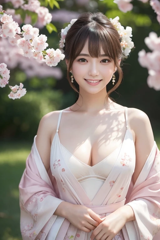  A Japanese lolita girl with white skin, short layered dark brown hair with bangs, brown eyes, and a soft aura. Dressed in a pastel pink and white lolita dress with a flowing kimono-inspired design, traditional Japanese patterns, and a gentle smile. She has a cherry blossom hair ornament, delicate earrings, and a ring. (Highest quality, Ultra-high resolution, 8k, RAW Photos, Ultra-high resolution: 1.2, masterpiece: 1.3), (Realistic, Realistic: 1.37), Very detailed, Professional Lighting, Photon Mapping, Radio City, Physically Based Rendering, One Girl, high school girl, Sharp focus:1.2、Beautiful woman:1.4, cute, Nice, Adorable smile, Normal chest, (Cleavage), (Dark brown short hair), (A cute toothy smile)