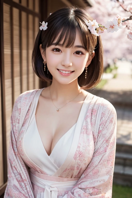 A Japanese ta girl with white skin, short layered dark brown hair with bangs, brown eyes, and a soft aura. Dressed in a pastel pink and white loliress with a flowing kimono-inspired design, traditional Japanese patterns, and a gentle smile. She has a cherry blossom hair ornament, delicate earrings, and a ring. (Highest quality, Ultra-high resolution, 8k, RAW Photos, Ultra-high resolution: 1.2, masterpiece: 1.3), (Realistic, Realistic: 1.37), Very detailed, Professional Lighting, Photon Mapping, Radio City, Physically Based Rendering, One Girl, high school girl, Sharp focus:1.2、Beautiful woman:1.4, cute, Nice, Adorable smile, Normal chest, (Cleavage), (Dark brown short hair), (A cute toothy smile)