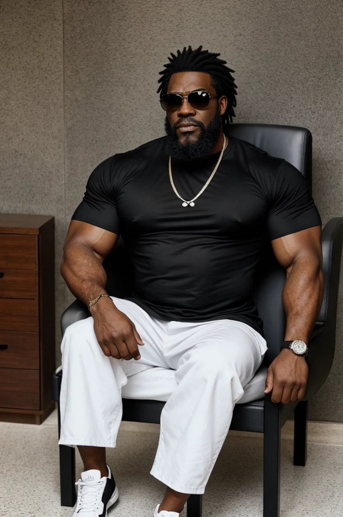 give me a boondocks cartoon illustration of a large tall muscular dominant black man with a black beard with a few grey hairs, black sunglasses , wearing a black shirt sitting in a chair, black woman, long black hair,sitting on the floor at his feet dressed in white dress