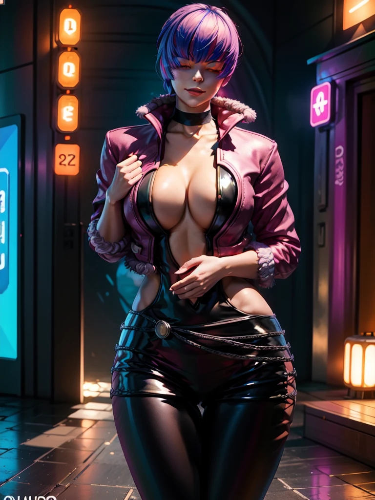 (night), in a video game scene with a neon background and a neon light,
Standing at attention,
pink suit, pink jacket, choker, neckline, clothing cut, 
earrings,
 purple hair, eyes completely covered by hair bangs ((hair over eyes)),
1 girl, 20 years old, Young woman, Beautiful finger, Beautiful long legs, Beautiful body, Beautiful nose, Beautiful character design, perfect face,
looking at viewer (focusing on his face), mouth closed, Light_Smile,
official art, extremely detailed CG unity 8k wallpaper, perfect lighting, colorful, bright front lighting, shiny skin,
(masterpiece: 1.0), (best_quality: 1.0), ultra-high resolution, 4K, ultra-detailed,
photography, 8K, HDR, high resolution, absurdities:1.2, Kodak portra 400, film grain, blurred background, bokeh:1.2, lens flare, (vibrant_color:1.2), professional photography,
(Beautiful, breasts: 1.4), (beautiful_face: 1.5), (narrow_waist),