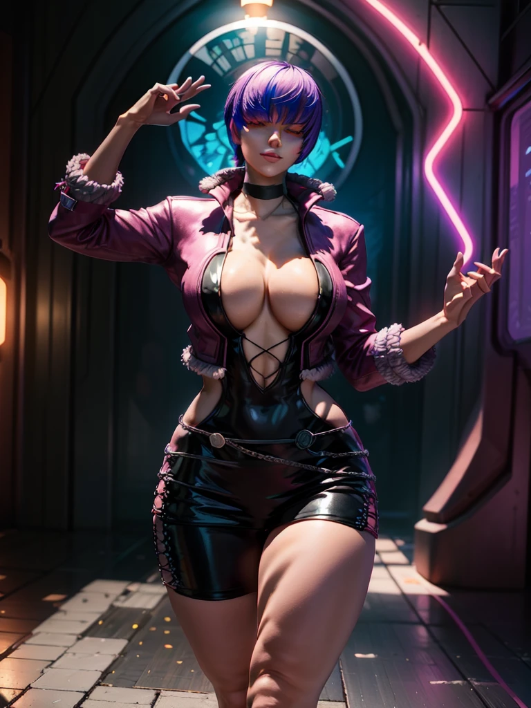 (night), in a video game scene with a neon background and a neon light,
Standing at attention,
pink suit, pink jacket, choker, neckline, clothing cut, 
earrings,
 purple hair, eyes completely covered by hair bangs ((hair over eyes)),
1 girl, 20 years old, Young woman, Beautiful finger, Beautiful long legs, Beautiful body, Beautiful nose, Beautiful character design, perfect face,
looking at viewer (focusing on his face), mouth closed, Light_Smile,
official art, extremely detailed CG unity 8k wallpaper, perfect lighting, colorful, bright front lighting, shiny skin,
(masterpiece: 1.0), (best_quality: 1.0), ultra-high resolution, 4K, ultra-detailed,
photography, 8K, HDR, high resolution, absurdities:1.2, Kodak portra 400, film grain, blurred background, bokeh:1.2, lens flare, (vibrant_color:1.2), professional photography,
(Beautiful, breasts: 1.4), (beautiful_face: 1.5), (narrow_waist),