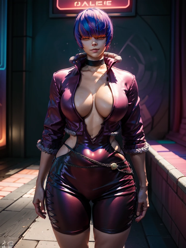 (night), in a video game scene with a neon background and a neon light,
Standing at attention,
pink suit, pink jacket, choker, neckline, clothing cut, 
earrings,
 purple hair, eyes completely covered by hair bangs ((hair over eyes)),
1 girl, 20 years old, Young woman, Beautiful finger, Beautiful long legs, Beautiful body, Beautiful nose, Beautiful character design, perfect face,
looking at viewer (focusing on his face), mouth closed, Light_Smile,
official art, extremely detailed CG unity 8k wallpaper, perfect lighting, colorful, bright front lighting, shiny skin,
(masterpiece: 1.0), (best_quality: 1.0), ultra-high resolution, 4K, ultra-detailed,
photography, 8K, HDR, high resolution, absurdities:1.2, Kodak portra 400, film grain, blurred background, bokeh:1.2, lens flare, (vibrant_color:1.2), professional photography,
(Beautiful, breasts: 1.4), (beautiful_face: 1.5), (narrow_waist),