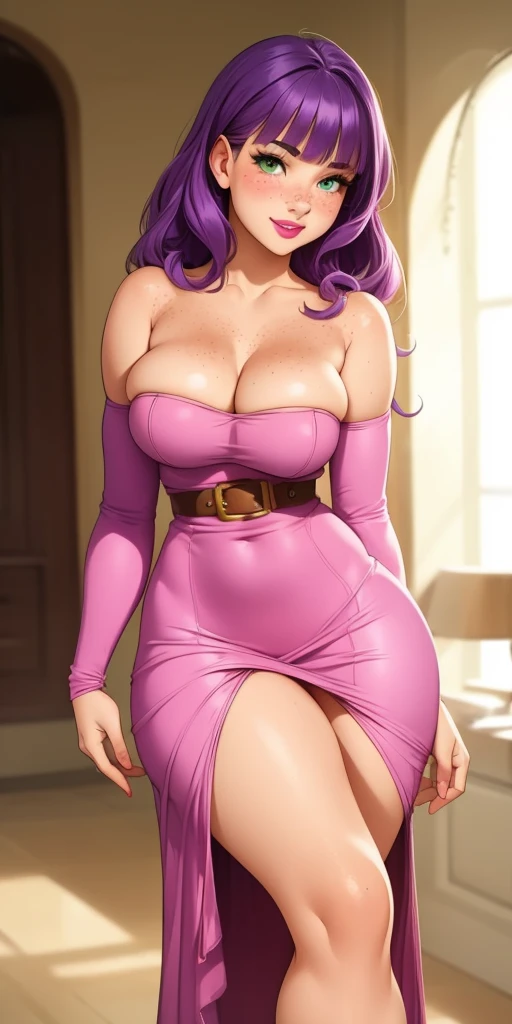 Beautiful medium breasts, 1girl, ((purple hair, wavy hair with bangs)) ((beautiful girl)) light green eyes, has an beautiful sensual body with freckles, with full breasts and thin waist, HIP HOP Beautiful and cute Red strapless long sleeve dress with women's belt, fabric delicate, has a bold appearance. young, quality, realistic, best quality, cute expression, pink lipstick lips, cute smile, leaning, In the beautiful romantic room
