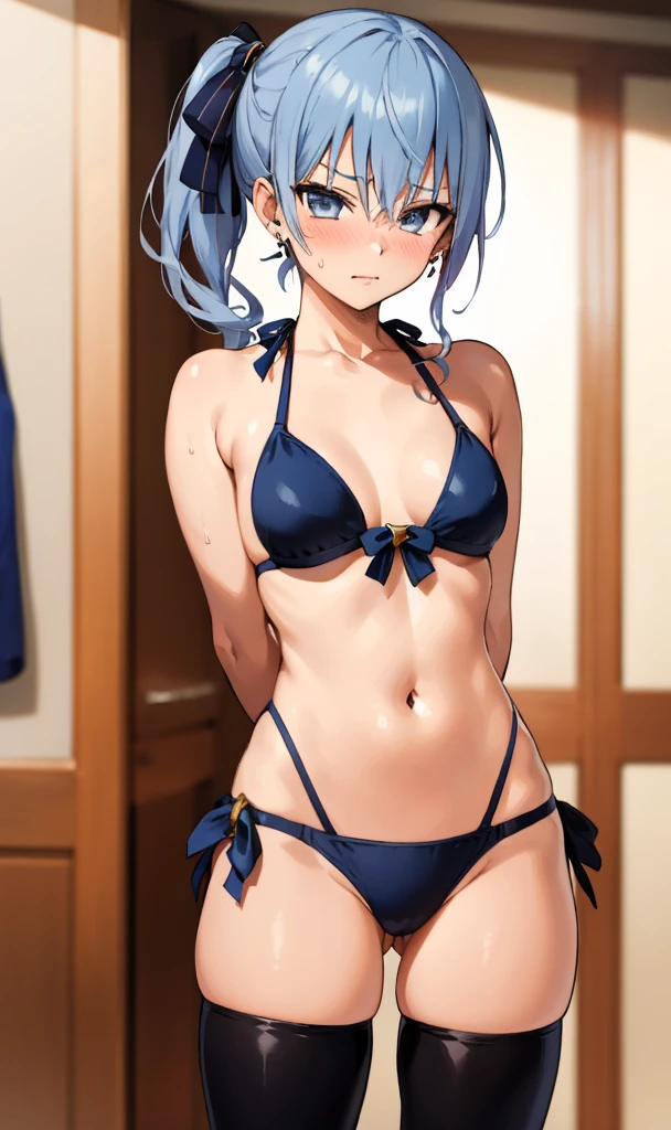 1girl, solo, detailed face, , , long hair,,,indoor,standing,looking viewer,side ponytail,small breasts,,(((bikini,gyaru))),nsfw,,thigh boots,arms behind back,cowboy shot,earring,embarrassed face