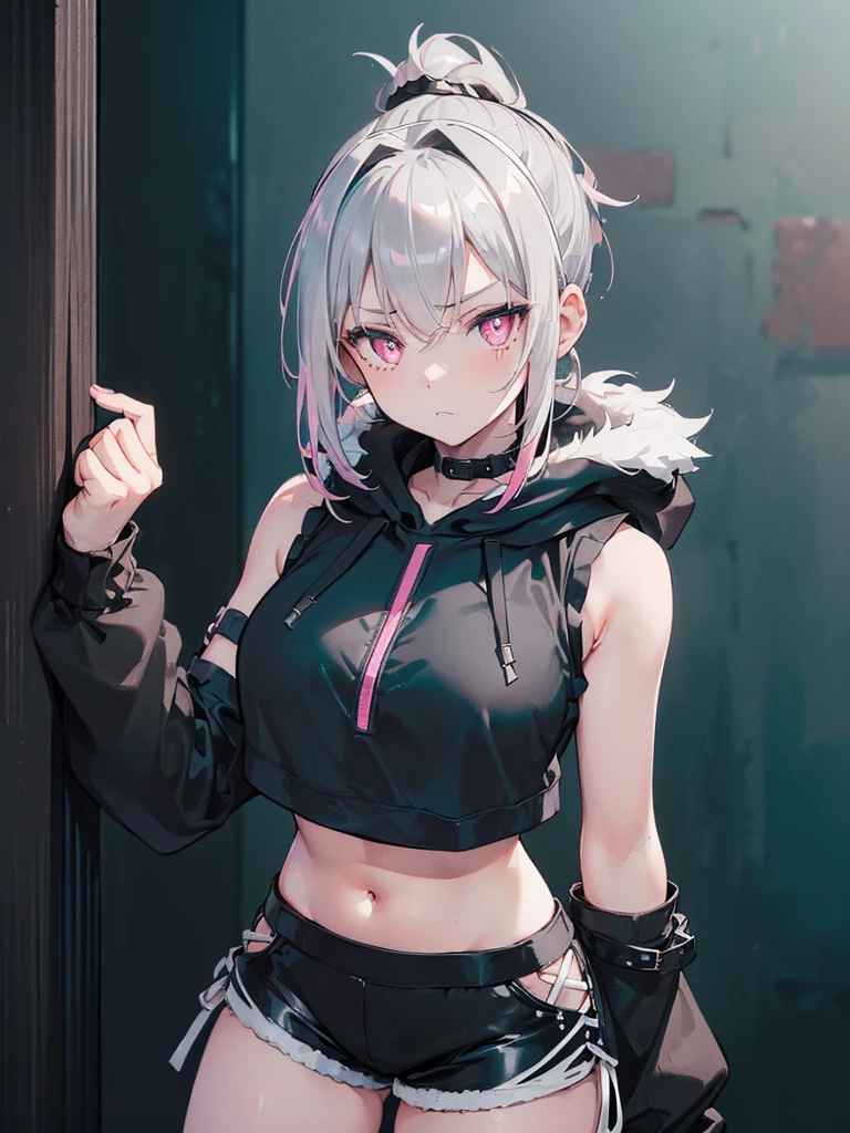 high resolution, (masterpiece), 4k, (high detail), portrait, ((from front)), (upper body), ((1girl)), , (((detailed light_gray_hair tied in ponytail))), (black_hairband), ((pink_eyes_with_blue_tint)), ((teal_colored_pupils)), fair skin, athletic, (b-cup breasts), zipped_hoodie, ((((sleeveless cropped black_hoodie_with_white_accents)))), ((fur collar)), (((black_arm_warmers))), ((white_Lounge_Shorts)), standing, ((leaning against a wall)), (relaxed pose), stoic expression, (modern city background), tall buildings in the distance, day time, sunny, ((steampunk_themed_outfit))