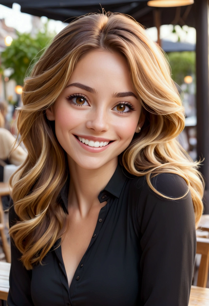 a woman with a wide, warm smile. She has long brown hair and blonde highlights, that fall softly on your shoulders. She is wearing a black long-sleeved blouse. The woman is in an outdoor environment, probably in a cafe or restaurant, with a relaxed and illuminated atmosphere in the background. Her expression is one of joy and happiness, transmitting a feeling of well-being and positivity.