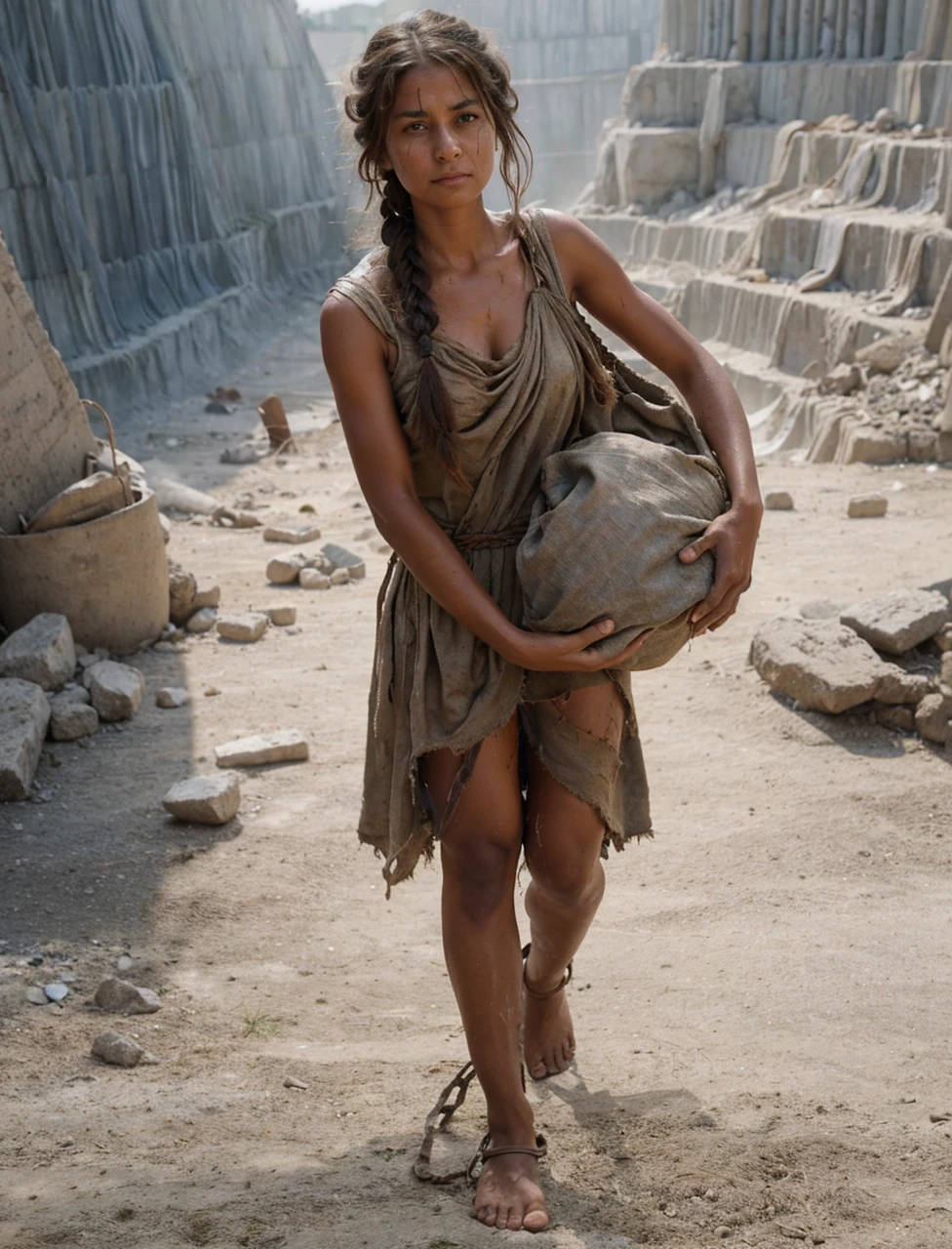 south of Italy, rural hinterland, summer heat, young slave women and girls from conquered barbarian tribes,slaves working in the field, sweat streaming down their tanned bodies, dirty, not washed for a long time, sweaty dressed in pathetic sackcloth rags barely covering their hips and ass, with huge cleavage revealing a woman's breasts, bare, sweaty, unwashed hair carelessly cut and tied in a ponytail or braided into a short braid, beautiful but exhausted by hard labor faces, stupefied from work, iron collars in the form of a riveted hoop around their necks, slave brands in the form of Latin letters "S" or "F" on their hips and shoulders, beaten and intimidated resigned to his fate.Hyperrealism, real photo, many details of costume, metal, fabric