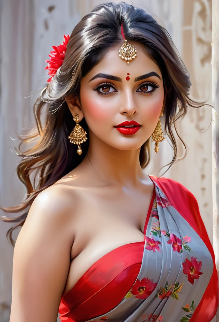 perfect pink eyes, fantastic face, Indian, beautiful look, ((red lips, bright eyes, curve heir 1.5)), ((beautiful details very big breast )), (Straight round and ultra huge clevage, not sagging breast), A glorious gorgeous, glorious gorgeous face, pretty face, bright eyes, detailed elegant printed red saree, updo elegant hair, blurred gray tones background, ultra focus, face ilumined, face detailed, 8k resolution, painted, dry brush, brush strokes, razumov style and garmash style, by Tokaito, ((Full Open )), full body, sexy open thin belly, upper body part totally naked, sexy Big breast, wearing colourful bikini