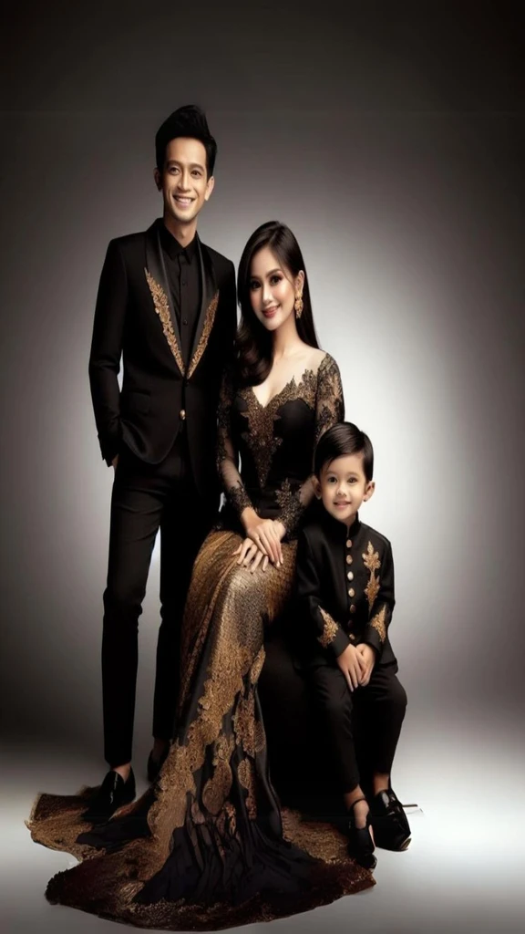 Happy family photo Indonesia, man aged 33, wearing a black suit, black shoes, woman aged 28, wearing a black and gold kebaya, 4-year-old boy, wearing a black suit, studio photo, dark background, standing pose, white lighting, ultra HD, realistic, best photography, masterpiece.