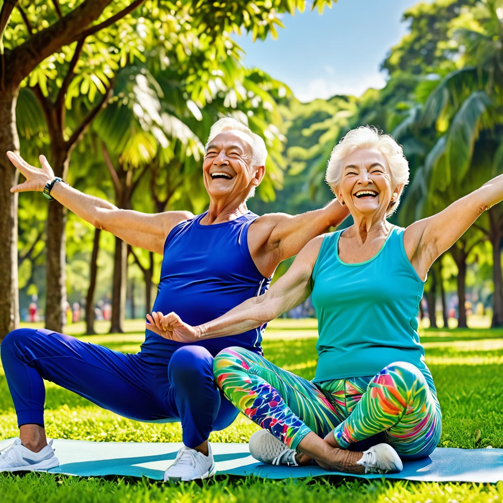 An outdoor park on a sunny day. Show at dinner ((an elderly couple)) in colorful sportswear, (Grinning, sitting with legs stretched and ((Grinning e fazendo exercicios físicos)) highlighting its flexibility and freedom of movement, symbolizing pain relief and a high quality of life). The background is filled with lush green trees and a clear blue sky. The general mood is happy and active.