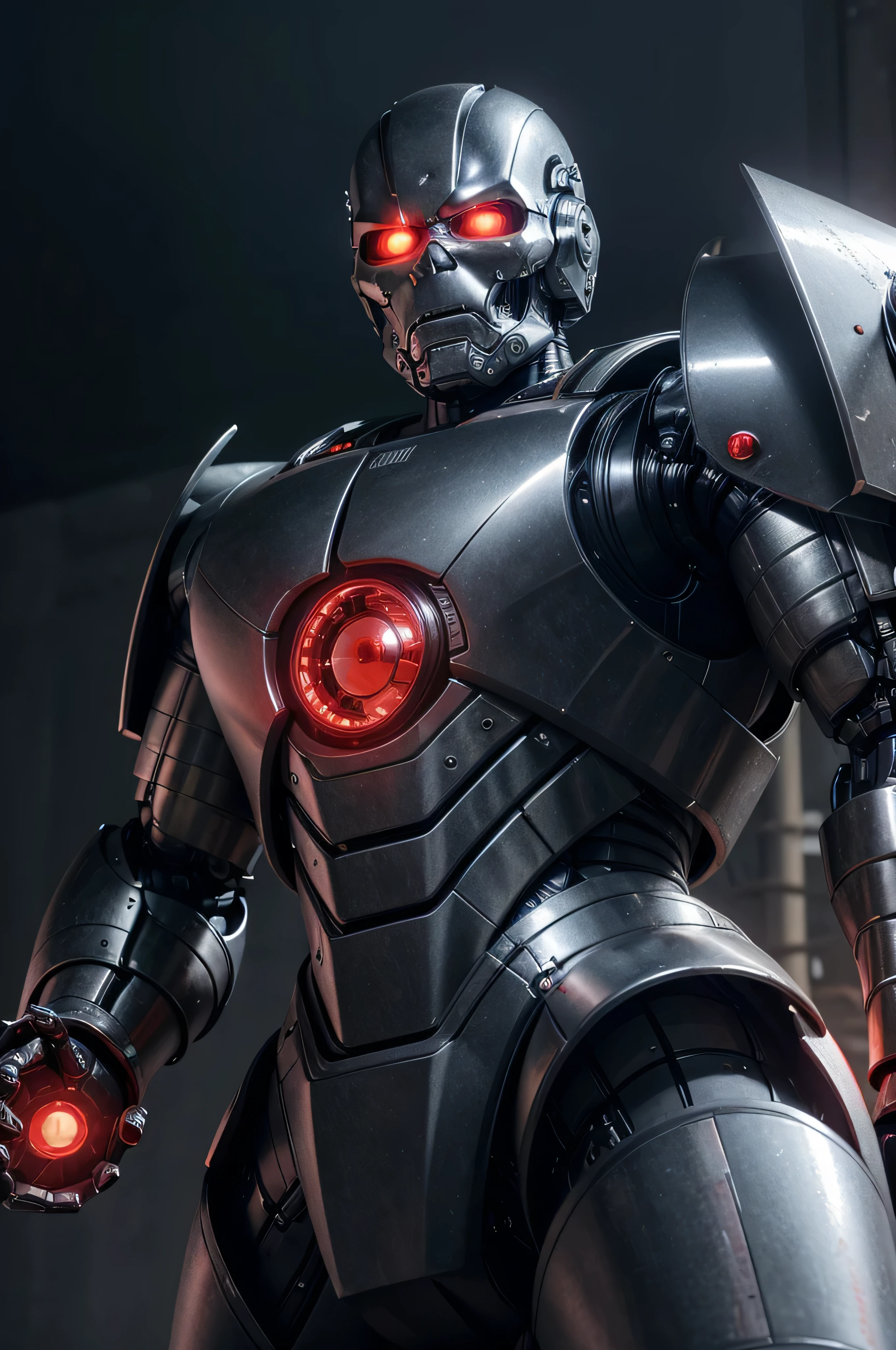 Create a hyper-realistic digital image of a Terminator robot. It has a metallic and mechanical structure, with worn red eyes and a menacing expression. His armor and metallic armor cover his body, and it has weapons and cannons integrated into its arms and shoulders. The background should be dark and gloomy, with a post-apocalyptic aspect. Only the upward part of the robot's neck can be seen, it is being viewed from a front camera