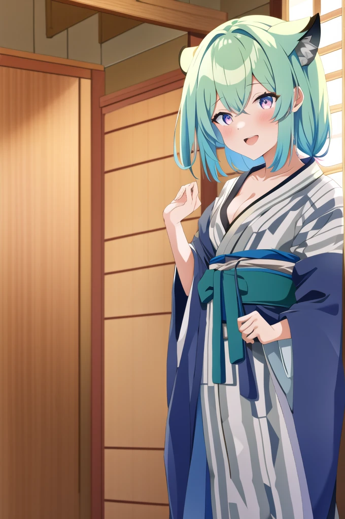 Shigure Mayoi, One girl, alone, View your viewers, blush, smile, Open your mouth, bangs, Simple Background, Animal ears, Cleavage, Medium chest, tail, kimono, Wide sleeves, Pink Eyes, Official Alternative Costumes, Hello, heart, Variegated eyes, Bright green hair, yagasuri, Gray kimono, Bath yukata, Weasel ears