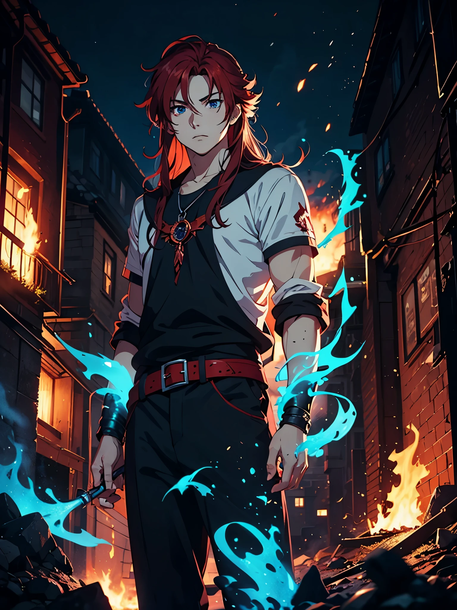 Blue fire. Even more anime style. More anime. More 2D. Clean. More anime. 2d. Glow. Red hair. More anime. male. Long hair. long red hair. boy, vikings. red hair. Blue eyes. fire.