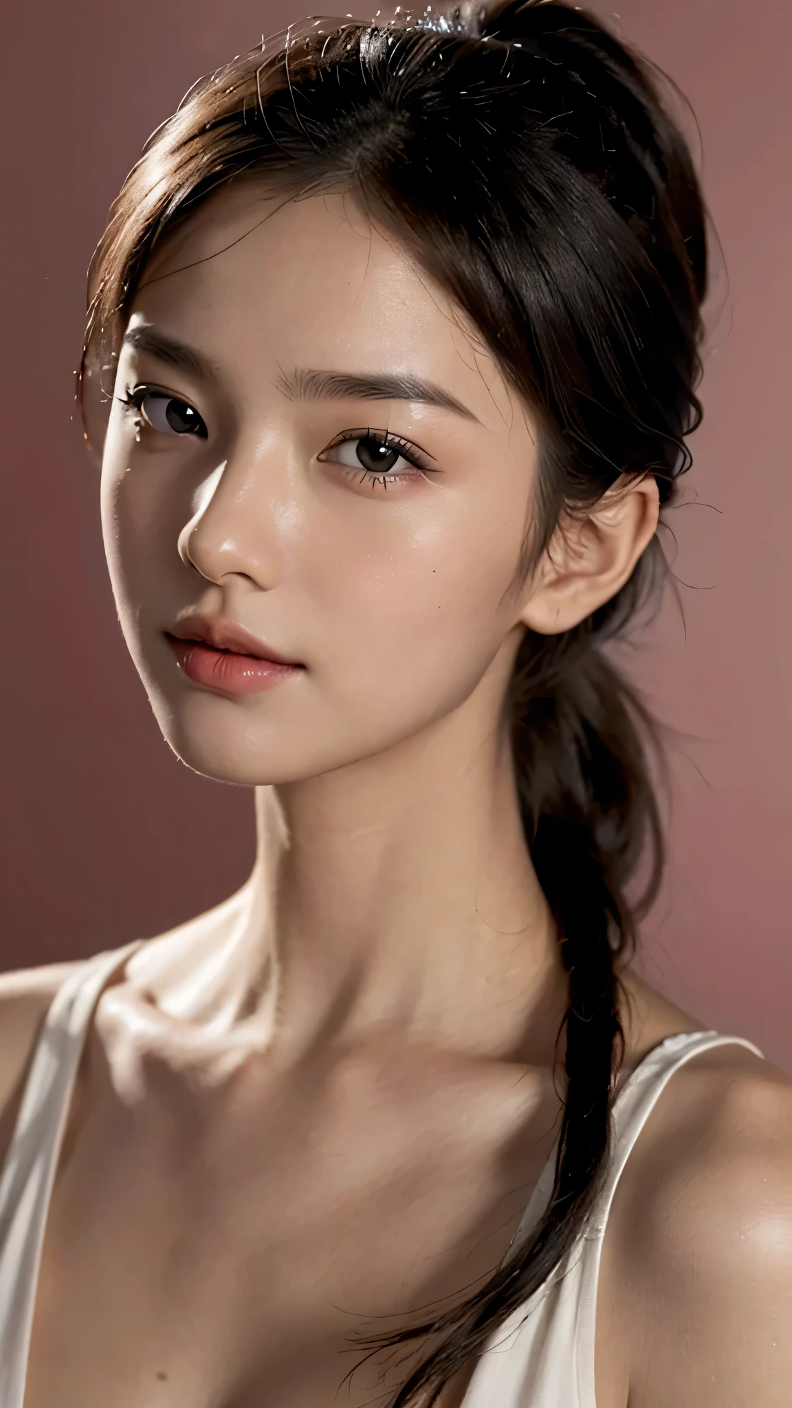 Lipstick in hand,Cosmetics commercial style,Commercial filming studio,close up face,fully body photo,masutepiece, The highest image quality, High quality, the background is clear，Beautiful woman, Japanese, Detailed, Ultra-detailed, finely detail, hight resolution, 8K Wallpaper, Perfect dynamic composition, Beautiful detailed eyes ,Detailed eyes, Detailed skin, Beautiful skin, 超hight resolution, (reality: 1.4),Very beautiful woman, Slightly younger face, Beautiful skin, slender, (Ultra photo realsisim), (hight resolution), (8K), (Very detailed) (beautifully detailed eyes), (super detailed),   (Detailed face), view the viewer, Fine details, Detailed face, Staring straight ahead, Staring straight ahead, photos realistic, Bright lighting, Professional Lighting, Black hair,poneyTail,a baby face,sixteen years old,Hairstyle: ponytail,Long ponytail hairstyle,slight smile,