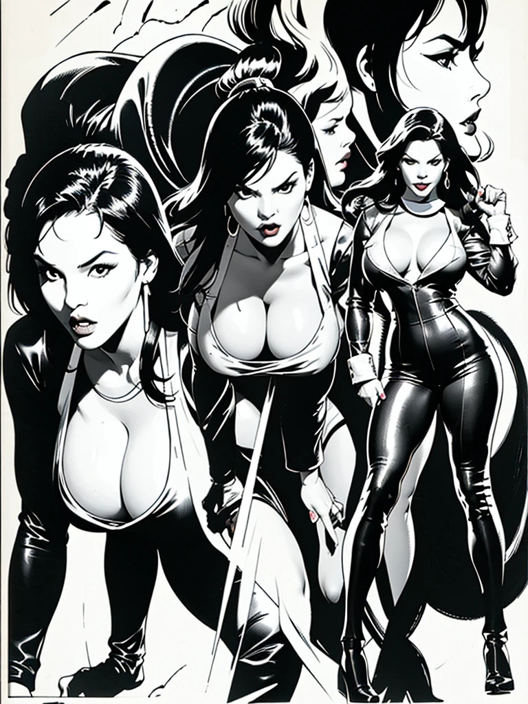 3 woman, long black hair,dark eyes, fine lips, Round face, huge breasts,exposed cleavage, Broad Hips, wearing leather bodysuit, fierce gaze, sharp claws ready to attack, teeth showing, sfw