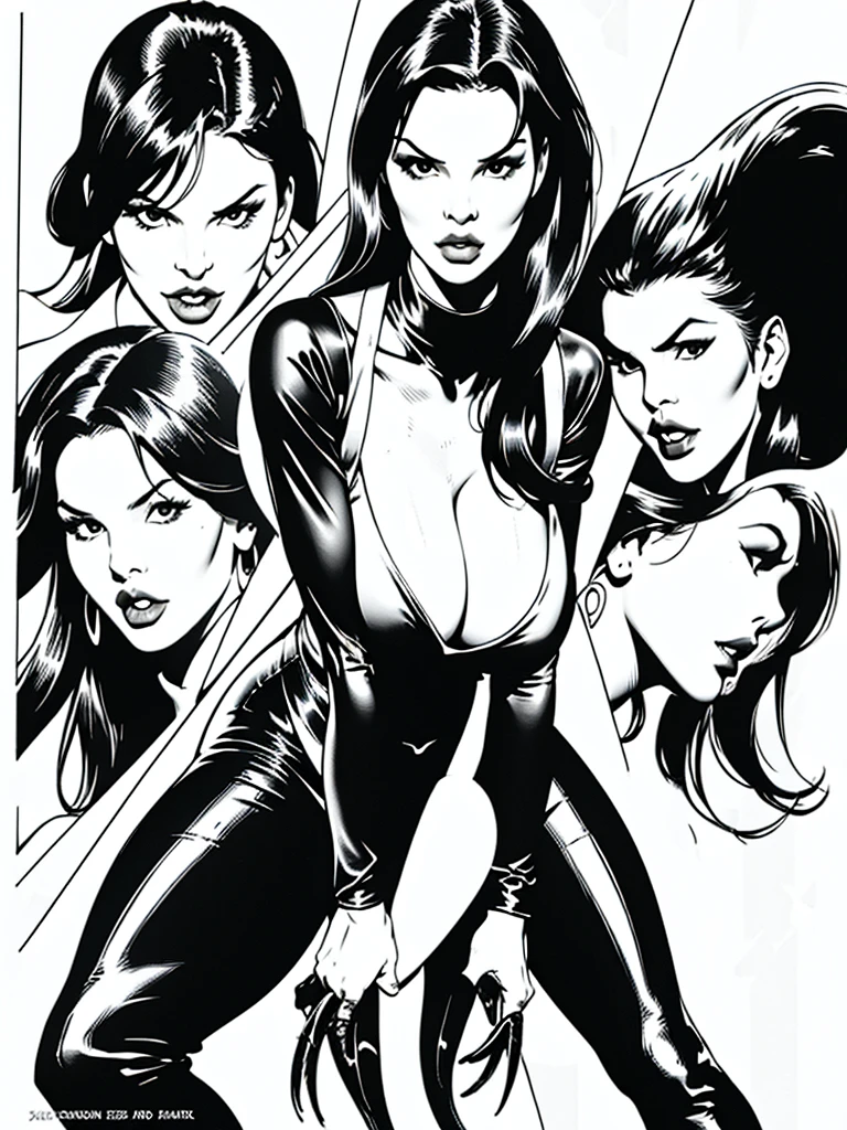 3 woman, long black hair,dark eyes, fine lips, Round face, huge breasts,exposed cleavage, Broad Hips, wearing leather bodysuit, fierce gaze, sharp claws ready to attack, teeth showing, sfw
