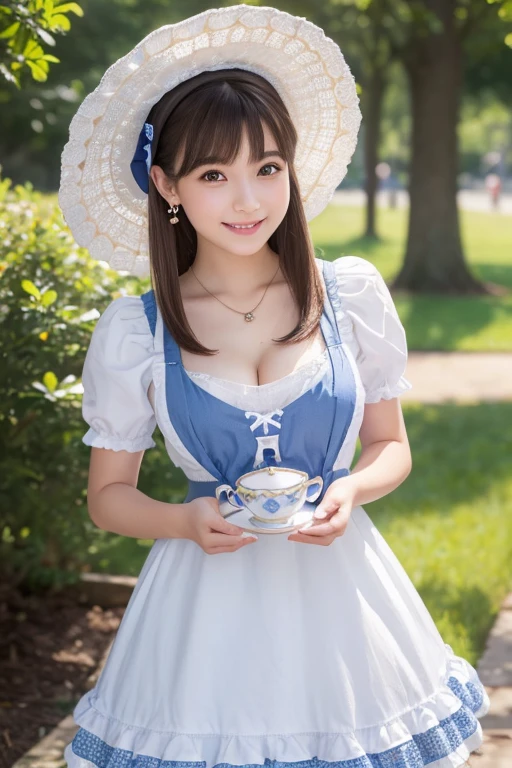 An Alice in Wonderland-themed lolita girl with white skin, short layered dark brown hair with bangs, brown eyes, and a soft aura. Dressed in a blue and white lolita dress with a teacup-shaped hat, a cute apron, and a dreamy smile. She has a pocket watch necklace, rabbit-shaped earrings, and a ring. (Highest quality, Ultra-high resolution, 8k, RAW Photos, Ultra-high resolution: 1.2, masterpiece: 1.3), (Realistic, Realistic: 1.37), Very detailed, Professional Lighting, Photon Mapping, Radio City, Physically Based Rendering, One Girl, high school girl, Sharp focus:1.2、Beautiful woman:1.4, cute, Nice, Adorable smile, Normal chest, (Cleavage), (Dark brown short hair), (A cute toothy smile)