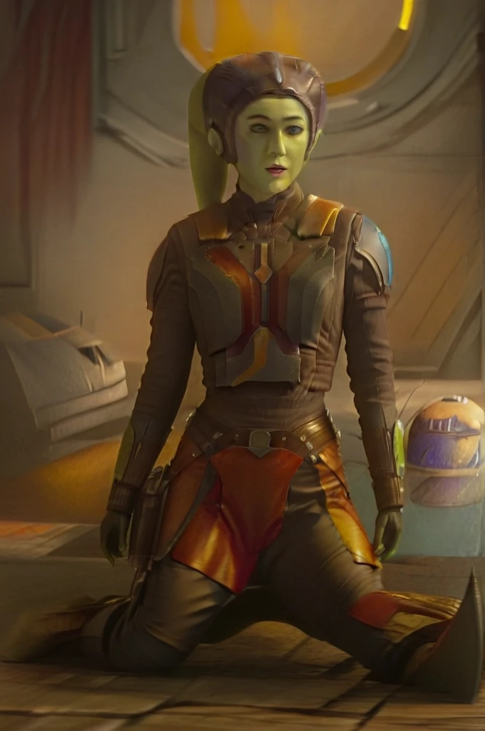 cinematic film still star wars hera syndulla sigh at tequila wolf score_9, score_8_up, score_7_up, score_6_up, score_5_up, score_4_up, ((( hera syndulla ))) wearing wearing armor , blue eyes, tentacle hair, ((( hera syndulla ))) , green skin, colored skin, facial mark, medium breasts, ((black with red trim flame dress skirt)), no pants, bare shoulders, guantlets, hip armor, skirt, pants, brown boots, solo, seductively lying on bed in her lingerie, nude ,seductive smile, looking at viewer, indoors