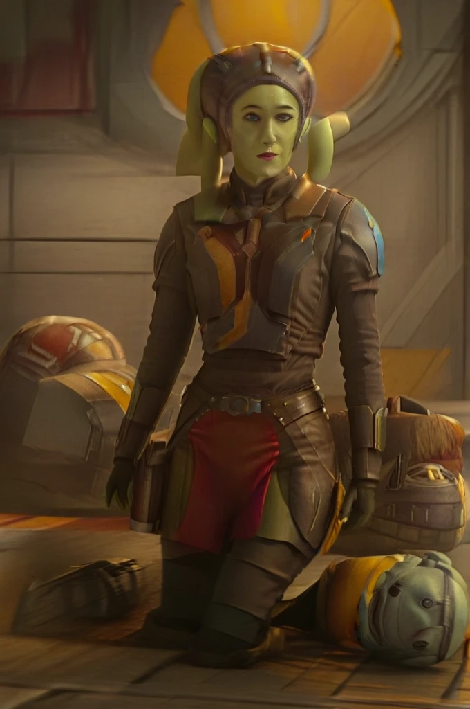 cinematic film still star wars hera syndulla sigh at tequila wolf score_9, score_8_up, score_7_up, score_6_up, score_5_up, score_4_up, ((( hera syndulla ))) wearing wearing armor , blue eyes, tentacle hair, ((( hera syndulla ))) , green skin, colored skin, facial mark, medium breasts, ((black with red trim flame dress skirt)), no pants, bare shoulders, guantlets, hip armor, skirt, pants, brown boots, solo, seductively lying on bed in her lingerie, nude ,seductive smile, looking at viewer, indoors