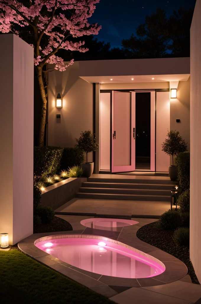 The entrance of a small modern spa painted pink with small lights