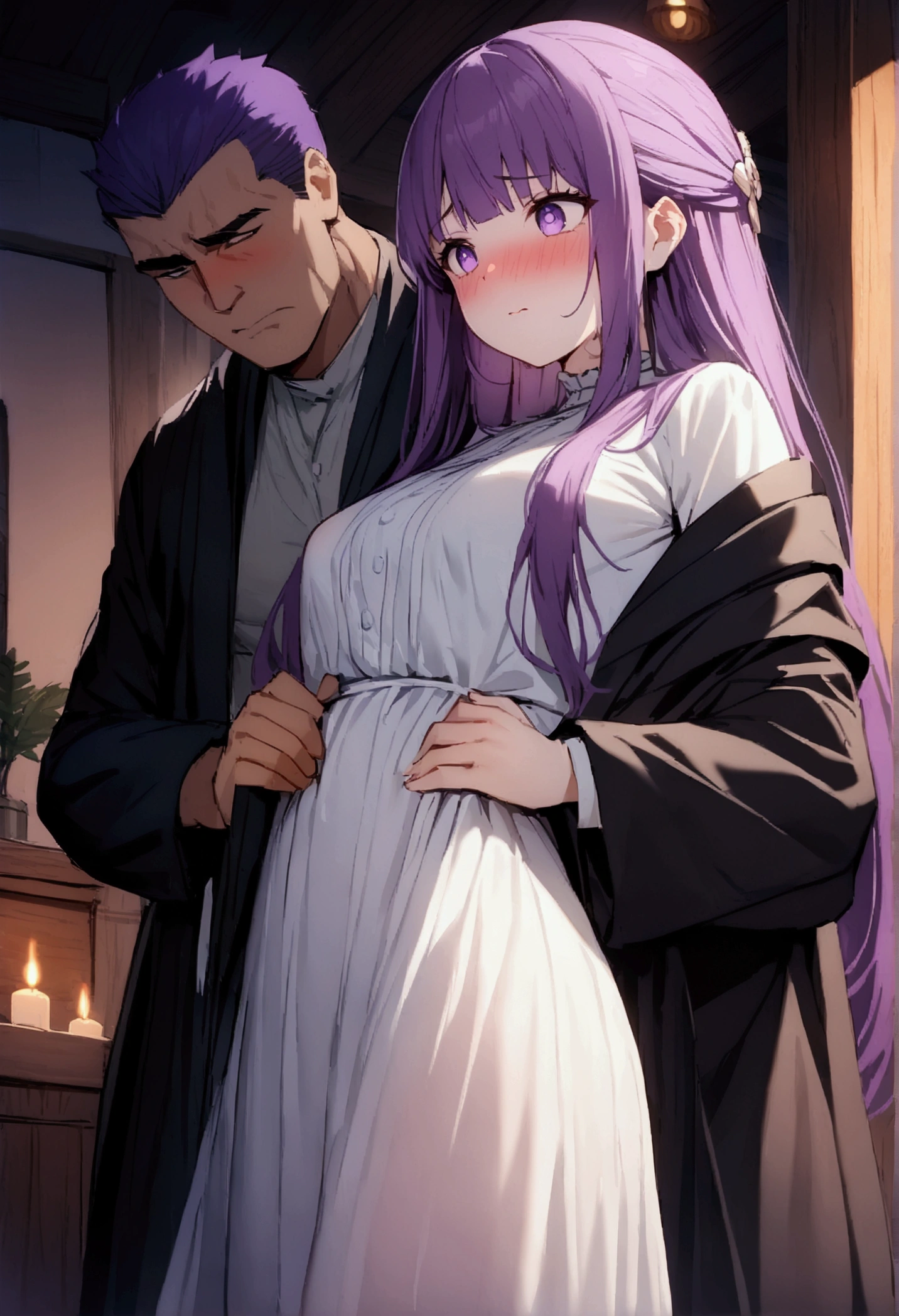 NSFW,masterpiece,Highest quality,High resolution,Super detailed,Fern\(Funeral of Frieren\),Purple eyes,Purple Hair,Long Hair,White Dress,Robe,Open clothes,Embarrassed,blush,expectant face,Inn at night,bedroom,(Warrior Men),A man puts his hands on her waist and hugs her