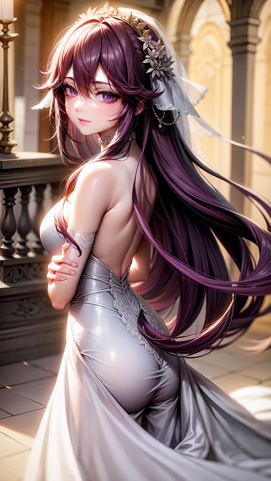(purple eyes)(casual dress)(long skirt)(back view)