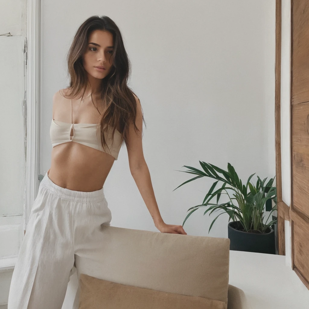  Ultra détaillée, mains réalistes, mains parfaites, belle femme, seulement, poitrine généreuse, Photo, appartement clair, corps entier, esthétique de la photo, Est'essence de la vraie vie, cheveux couleur brune, Vingt ans, joyeux, Ciel cristallin, style analogique, grain de film, meilleure ombre, primitif, EstUT Instagram
