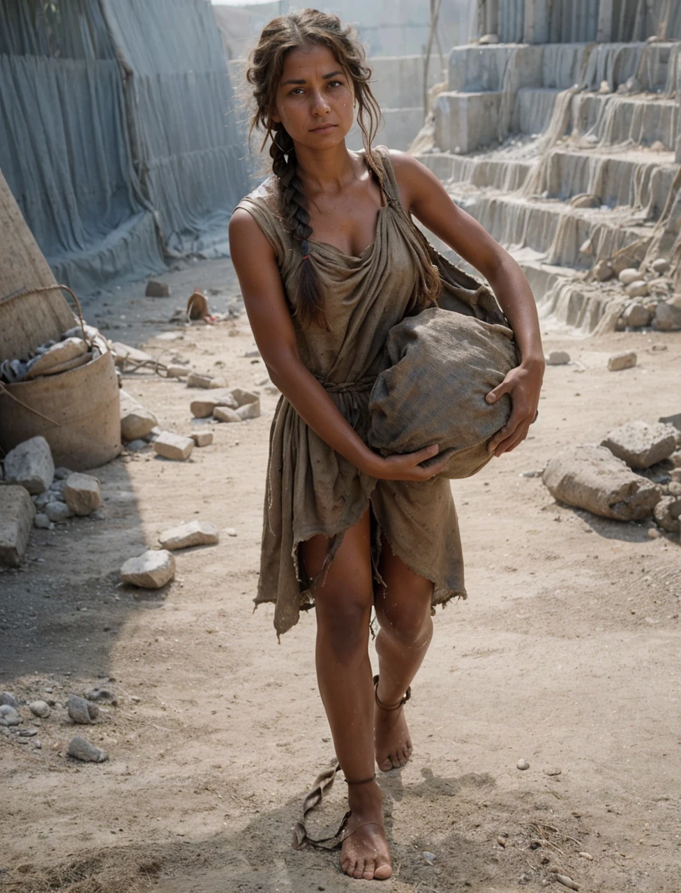 Roman field girls slaves of Germany,Slavs tribal 1st century BC. Roman villa, working on a farm, rural hinterland , southern Italy, tanned from the sun and dirt, weathered skin, beautiful faces, brown hair somehow cropped tied in a ponytail, sweaty, sweat covers the skin and glitters in the sun, barefoot, in rags made of burlap barely covering the middle of the hips, the age is about 22-24 years old.tired, scared, stupefied from work, dirty feet, carrying baskets, a lot of details, high texture of fabric and body,hyperrealism