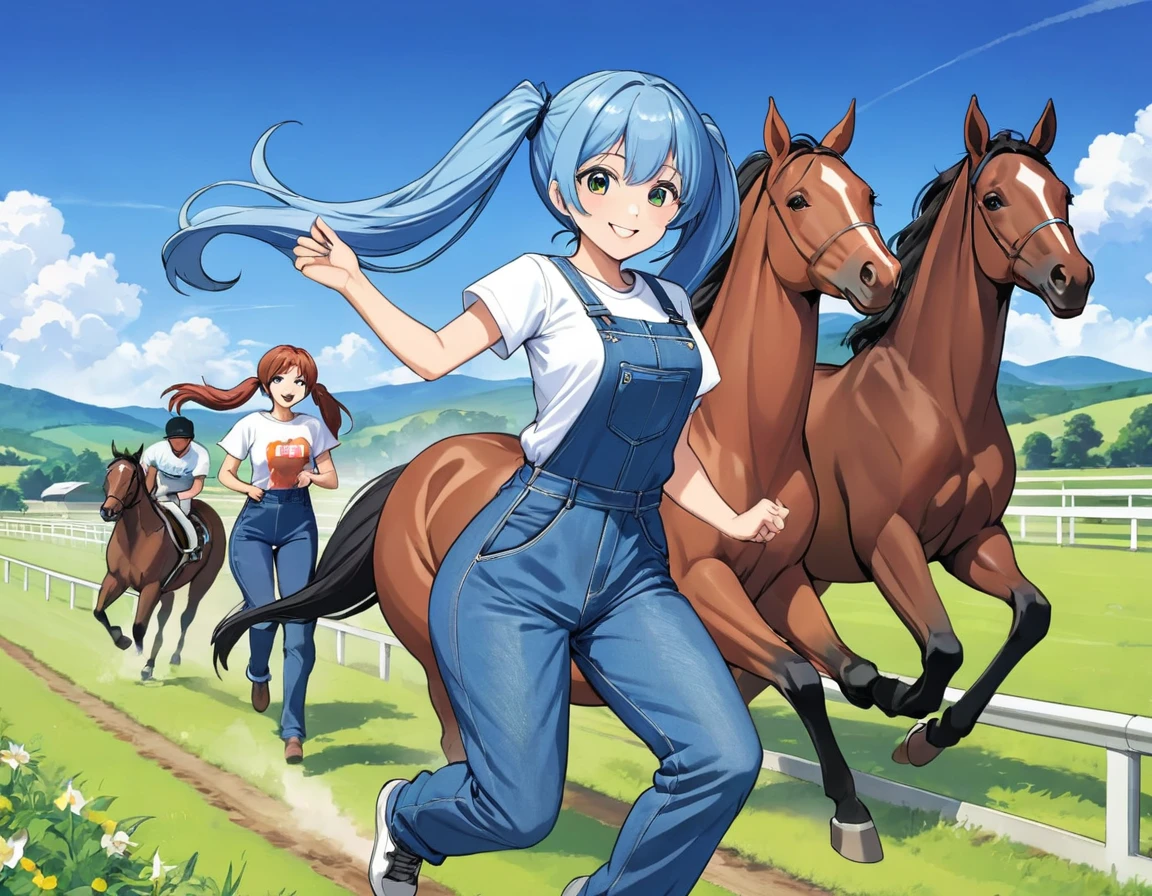 Light blue long hair、Beautiful girl with twin tails、T-shirt and denim jumpsuit、Bright smile、Thoroughbred Ranch、Lots of race horses、blue sky、Lots of horses、Horses running through the pasture
