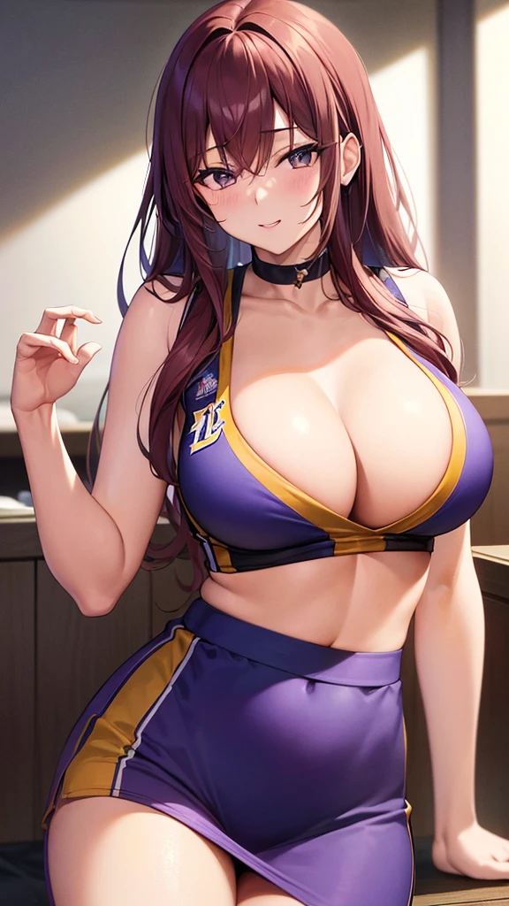 1girl, blunt bangs, wrestling gear, (purple hair:1.2), very long hair, looking at viewer,highly detailed background of wrestling ring, (photo realistic:1.2), detailed eyes, red eyeshadow, depth of field，thighs, upper body, (solo:1.2), (cyberpunk city:1.1), cleavage, (finger on lips:1.1),Shiny skin, standing, big spring breasts, armpit line, little biceps,large breasts,perfect body,beauty,very huge breasts,narrow waist,bust size is 140cm over,sexy,soaked,seductive anime girl, oppai,biomechanical oppai,oppai proportions,Both hands are tied behind their backs and restrained,chikubi,Completely naked,not wearing clothes,naked,put both hands behind her back,zenra,shiny breasts,beautiful nipples,well-shaped breasts,Breast milk,Moaning,Sensual, Breasts I want to squeeze,Her pussy is completely visible,Highlights in her eyes