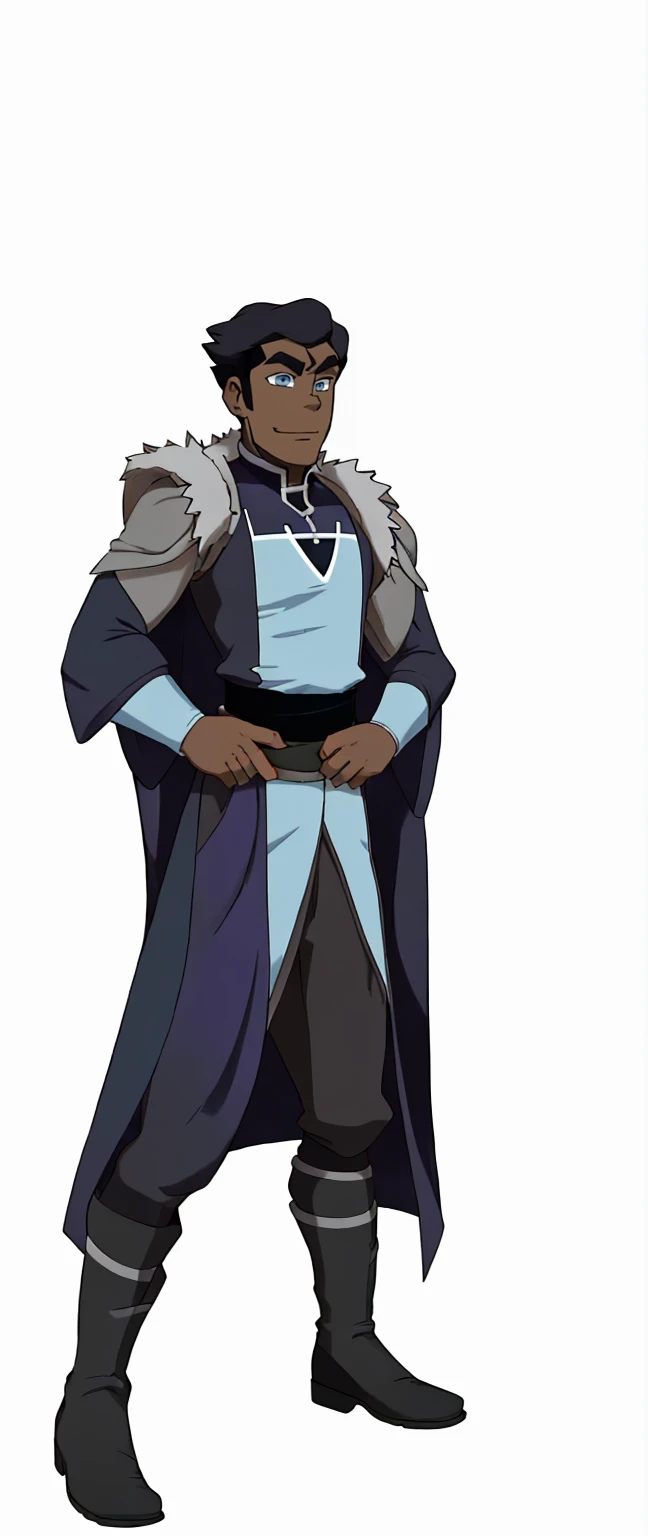 African-American, Bolin, water tribe traditional clothing mixed of blue and purple, with fur in shoulders and neck. Long sleeve, skinny, water tribe outfit. A dark blue or black high-collared sleeveless robe or tunic
A purple tabard or overtunic with lighter purple trim
A white fur-trimmed cape or cloak over the shoulders, fastened with a metal clasp
Black pants or leggings
Black boots that come up to just below the knee
A dark wristband or bracelet on one wrist

The character has dark skin, short black hair, and a serious expression. The outfit appears to be a mix of formal and practical styles, possibly indicating a character of some authority or importance in an animated series or film. The color scheme is primarily dark blues, purples, and black, with the white fur trim providing contrast.