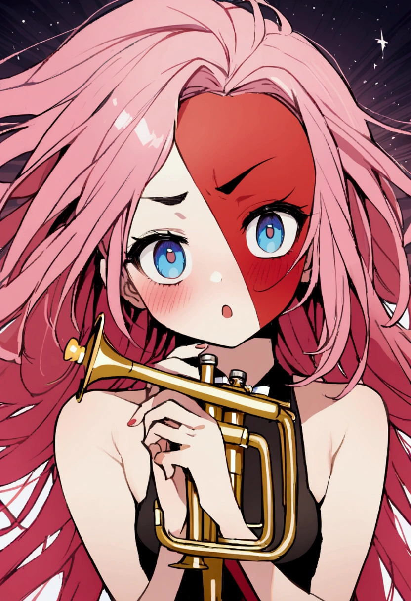 A girl playing a trumpet、No sound、Red face、panic、Girl with pink hair、blue eyes、Red face、、Red face、、Red face、、Red face、、Red face、