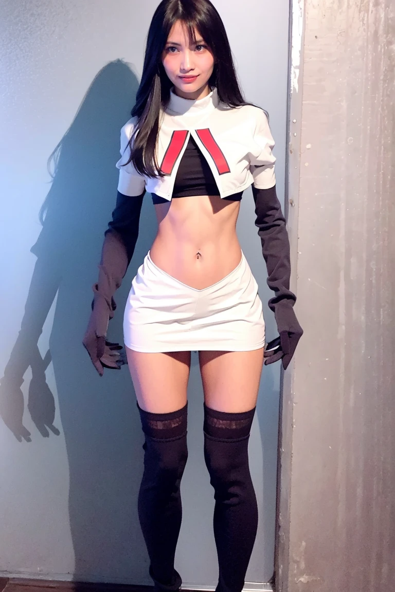"1girl,photo of momo, brown hair,best quality, team rocket,team rocket uniform, red letter R, lowleg white skirt,white crop top,black thigh-highs, black elbow gloves,(detailed face:1.4), (looking at viewer:1.4), shiny skin, smile, city at night background ,(full body:1) 