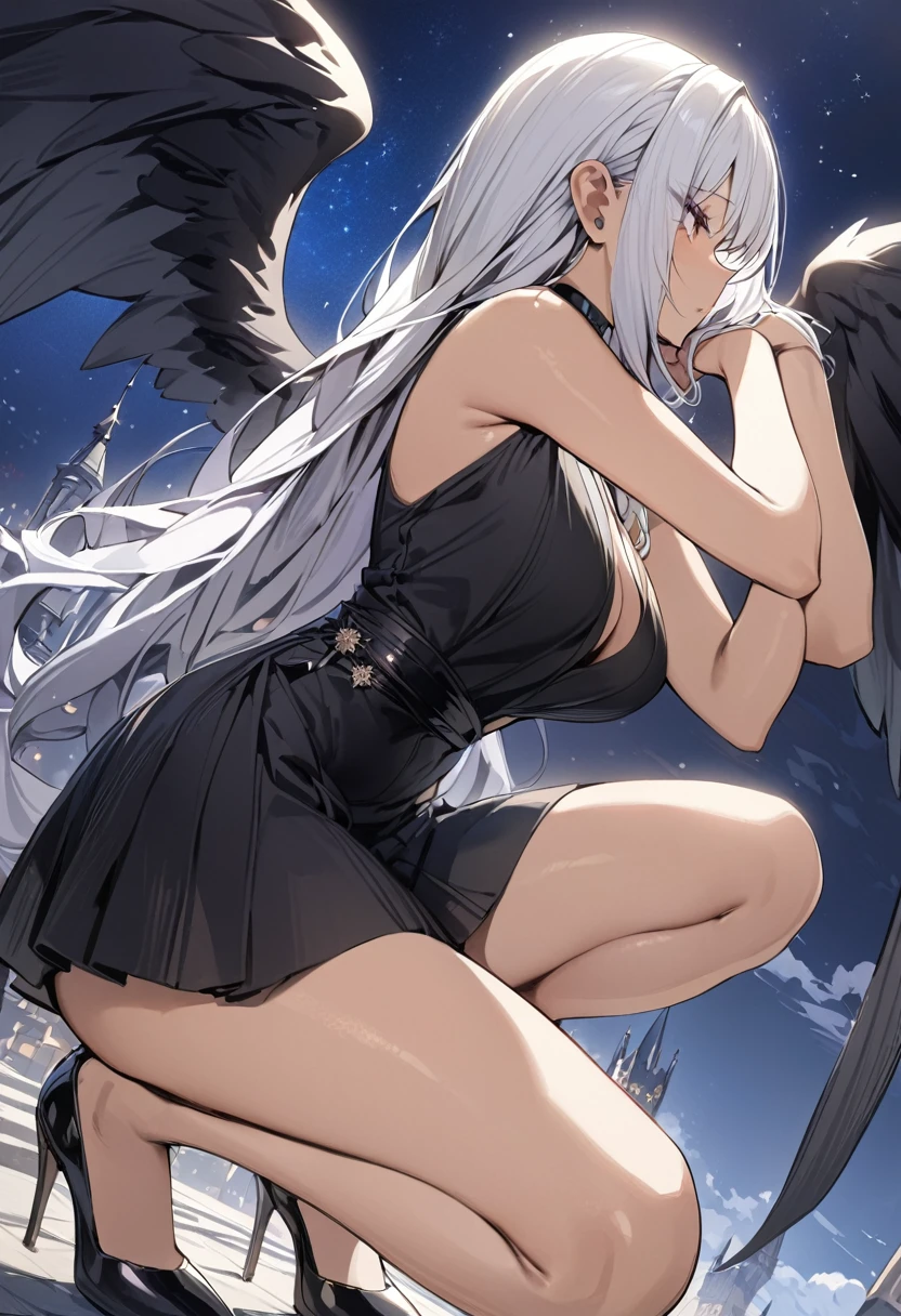 Expressive eyes, (((1 girl))), ((anime)), (Silver Hair), ((Red eyes))，(Half closed eyes), ((very Big Breasts)), ((Firm breasts)),   ((Exposed thighs)),((goddess，Angel))，((Black Dress，See through)), ((Big Breasts，and ass)), ((Blunt bangs)), ((People with dark skin，Tanned dark skin)), ((In the temple)), Captivating smile, Princess Cut, Shiny Hair, (masterpiece),  Anatomically Correct Art, Very detailed, Advanced Details, high quality, 最high quality, High resolution, 4K, 8k, ((Micro lit))，(((Captivating smile)))，