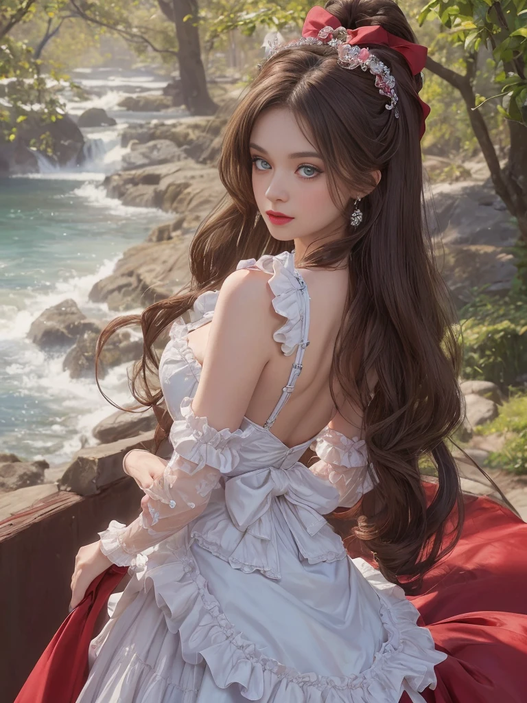 Best quality masterpiece, this detailed artwork showcases a 25-year-old woman in a super detailed ball gown. The long dress, adorned with many ruffles and bows, has pink bows that add a charming touch. The Victorian-style dress is impeccably detailed, with every ruffle and bow perfectly placed. The woman's skin is smooth and perfect, making the whole body a visual delight. Her brown hair cascades down her back, falling over her shoulder in soft waves.

Her detailed face is a focal point, with long eyelashes, half-open mouth, red shiny lipgloss, sky blue eye shadow, and dark small brows. A red bow