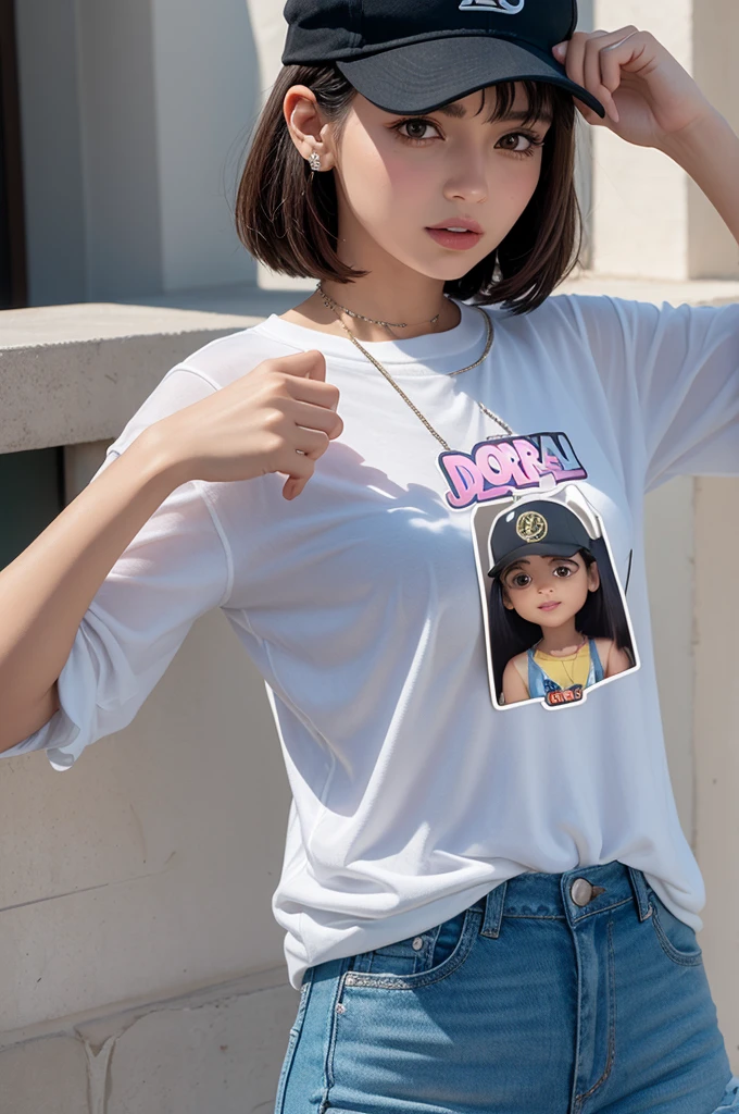 A WhatsApp sticker with a character giving a piece of jewelry with her hand and wearing a cap with “Dora” written on it