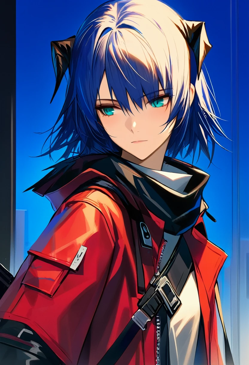 (woman), ((Mostima from arknights)), masterpiece, best quality, blue hair, ((short hair)), horns, plain white shirt, red fullbody coat, dark blue eyes, realistic anime style, faint smile, ((portrait)), black gloves, carring a bag.
