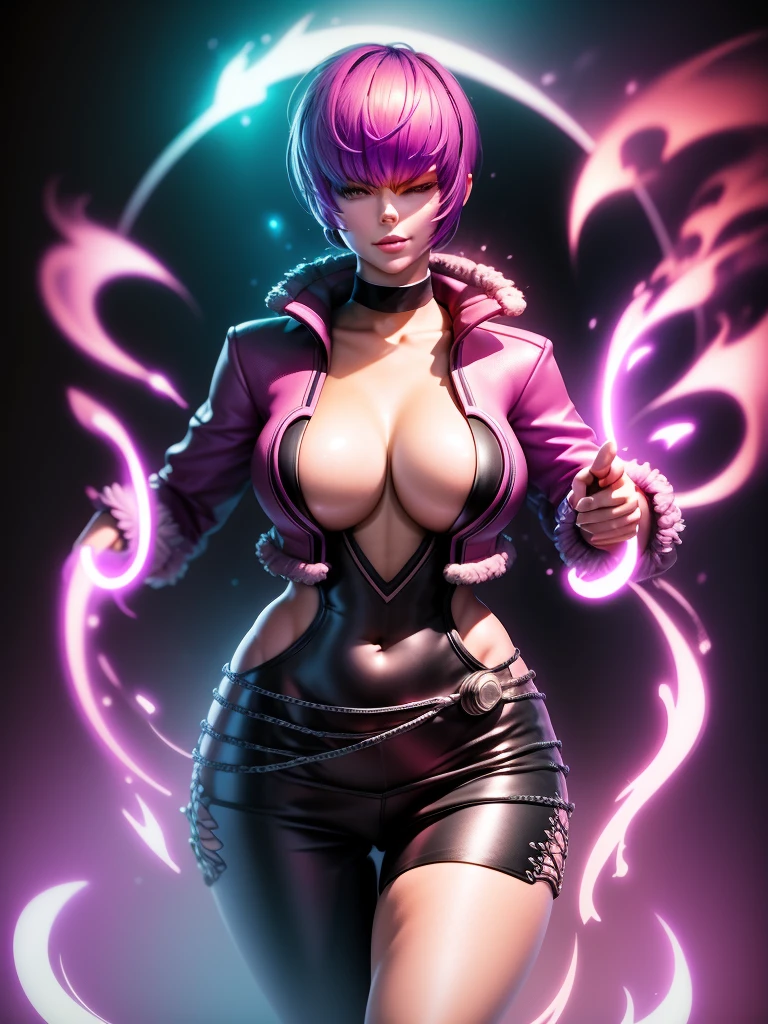 (night), in a video game scene with a neon background and a neon light,
Standing at attention,
pink suit, pink jacket, choker, neckline, clothing cut, 
earrings,
 purple hair, eyes completely covered by hair bangs ((hair over eyes)),
1 girl, 20 years old, Young woman, Beautiful finger, Beautiful long legs, Beautiful body, Beautiful nose, Beautiful character design, perfect face,
looking at viewer (focusing on his face), mouth closed, Light_Smile,
official art, extremely detailed CG unity 8k wallpaper, perfect lighting, colorful, bright front lighting, shiny skin,
(masterpiece: 1.0), (best_quality: 1.0), ultra-high resolution, 4K, ultra-detailed,
photography, 8K, HDR, high resolution, absurdities:1.2, Kodak portra 400, film grain, blurred background, bokeh:1.2, lens flare, (vibrant_color:1.2), professional photography,
(Beautiful, breasts: 1.4), (beautiful_face: 1.5), (narrow_waist),